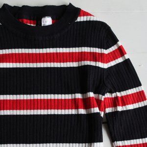Cropped Ribbed Long Sleeve With Red, Blue and White Stripes
